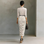 Load image into Gallery viewer, Crepe Short Sleeve Belted Dress Shirt Style Beige N5A765