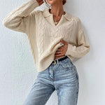 Load image into Gallery viewer, Polo Neck Cable Knit Sweater Women Beige N5A589