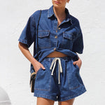 Load image into Gallery viewer, Denim Shirt Shorts Set Relaxed Fit N5Z228