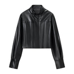 Load image into Gallery viewer, French Style High Neck Faux Leather Jacket Black N5A681
