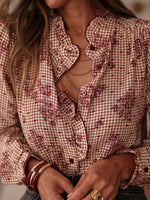 Load image into Gallery viewer, Long Sleeve Ruffle Plaid Blouse Women Brown N6A157
