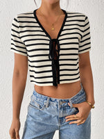 Load image into Gallery viewer, Striped Tie-Front Knit Cardigan Short Sleeve N6G174
