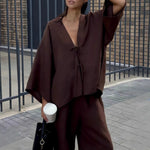 Load image into Gallery viewer, Casual Cotton Tie Up Top Wide-Leg Pants Set N6A130