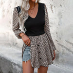 Load image into Gallery viewer, Patchwork Puff Sleeve Deep V Neck Dress Women Black N5A084