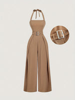 Load image into Gallery viewer, Camel Sleeveless Belted Jumpsuit Women Wide Leg N5A923