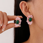 Load image into Gallery viewer, Oval Glass Bead Earrings Floral Motif S5P108