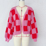 Load image into Gallery viewer, Plaid Color Block Cardigan Women Red Chunky Knit N5A849