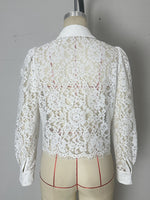 Load image into Gallery viewer, White Lace Collar Fringe Sleeve Sheer Shirt Women N5A935