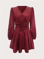 Load image into Gallery viewer, Satin Tulip Dress Women Red Puff Sleeve Pleated N5A778