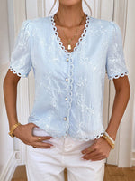 Load image into Gallery viewer, Lace Trim V Neck Short Sleeve Chiffon Blouse Women N6C104