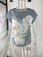 Load image into Gallery viewer, Gray Floral Print Chiffon Short Sleeve T-Shirt Women N6F247
