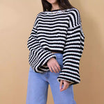 Load image into Gallery viewer, Retro Stripe Knit Top Loose Fit Round Neck Sweater N5A837