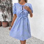 Load image into Gallery viewer, Retro Stripe Bow Tie Round Neck Dress N6B066