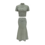 Load image into Gallery viewer, Green HW A Line Ruffle Plaid Skirt Top 2pc Set Women N5A955