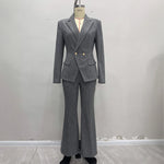 Load image into Gallery viewer, Grey Plaid Suit Set Women Wide Leg Blazer Pant Office N5A895
