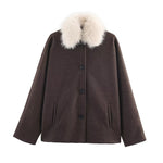 Load image into Gallery viewer, Notch Collar Fur Trim Wool like Jacket Women N5A742
