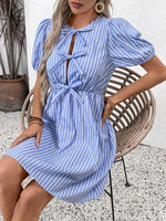 Load image into Gallery viewer, Retro Stripe Bow Tie Round Neck Dress N6B066