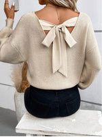 Load image into Gallery viewer, V Neck Bow Sweater Solid Color Casual Loose Knit N5A882