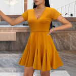 Load image into Gallery viewer, Yellow Deep V Neck Knit Mini A Line Dress Women N5A946