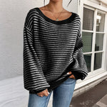 Load image into Gallery viewer, Off Shoulder Stripe Knit Sweater Drop Sleeve Women N6B031