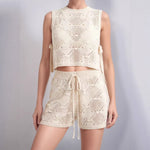 Load image into Gallery viewer, Openwork Knit Sleeveless Vest and Shorts Set Women N6C329