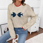 Load image into Gallery viewer, Beige Fish Print Sweater Color Block Trim Round Neck N5A806