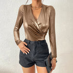 Load image into Gallery viewer, Rose Gold V Neck Pleated Blouse Women Party Glam N5A698
