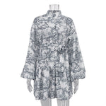 Load image into Gallery viewer, Ink Print Puff Sleeve Stand Collar A-line Dress Women N6C190