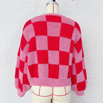 Load image into Gallery viewer, Plaid Color Block Cardigan Women Red Chunky Knit N5A849