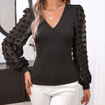 Load image into Gallery viewer, Jacquard Sheer V-neck Bubble Sleeve T Shirt Women N6B043