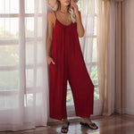 Load image into Gallery viewer, Burgundy Loose Strap Jumpsuit Women Side Pockets N5A917