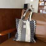 Load image into Gallery viewer, Black White Polka Dot Canvas Tote Bag Shoulder Crossbody N6F182