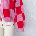 Load image into Gallery viewer, Plaid Color Block Cardigan Women Red Chunky Knit N5A849