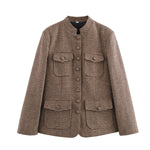Load image into Gallery viewer, Houndstooth Shirt Jacket Women Dark Brown Long Sleeve N5A734