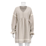 Load image into Gallery viewer, French V neck Lantern Sleeve Linen Blend Dress Women N6C208