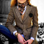 Load image into Gallery viewer, Brown Houndstooth Blazer Elegant Flower Brooch Jacket N5A907