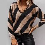 Load image into Gallery viewer, Color Block Lace V Neck Sweater Women Khaki N5A592