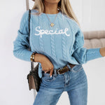 Load image into Gallery viewer, Letter Embroidered Knit Sweater Women Blue N5A519