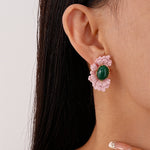 Load image into Gallery viewer, Oval Glass Bead Earrings Floral Motif S5P108