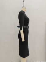 Load image into Gallery viewer, Elegant Office Dress Black Mid-Sleeve Tapered Waist N5A693