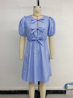 Load image into Gallery viewer, Retro Stripe Bow Tie Round Neck Dress N6B066