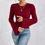 Load image into Gallery viewer, Burgundy Round Neck Bell Sleeve T Shirt Women N6B063