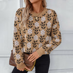 Load image into Gallery viewer, Floral Jacquard Pullover Sweater Women Camel N5A606