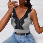 Load image into Gallery viewer, Lace Trim V Neck Ribbed Tank Women Fitted Knit Top N5A766