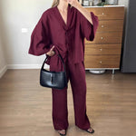 Load image into Gallery viewer, Casual Cotton Tie Up Top Wide-Leg Pants Set N6A130