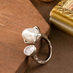 Load image into Gallery viewer, Lava-Texture Pearl Zircon Adjustable Open Ring Women N6H207