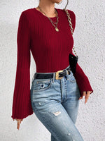 Load image into Gallery viewer, Burgundy Round Neck Bell Sleeve T Shirt Women N6B063