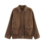 Load image into Gallery viewer, Brown Suede like Aviator Jacket Women Loose Fit Notch N5A745