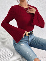 Load image into Gallery viewer, Burgundy Round Neck Bell Sleeve T Shirt Women N6B063