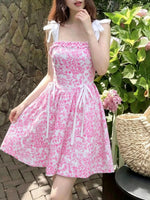 Load image into Gallery viewer, Pink Floral French Ruffle Tie Detail Maxi Dress Women N6D144